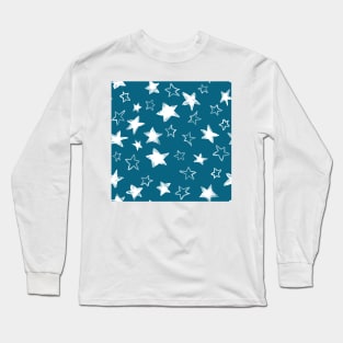 Holiday christmas watercolor white stars over blue peacock background Long Sleeve T-Shirt